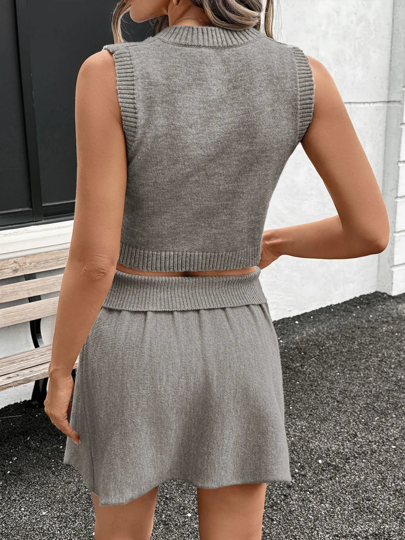 V-Neck Vest and Skirt Knit Set Easy Apparels