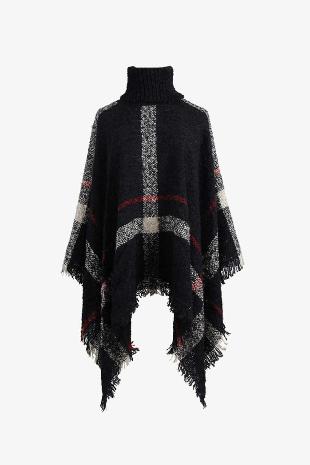 Plaid Turtleneck Raw Hem Poncho Black One Size Easy Apparels