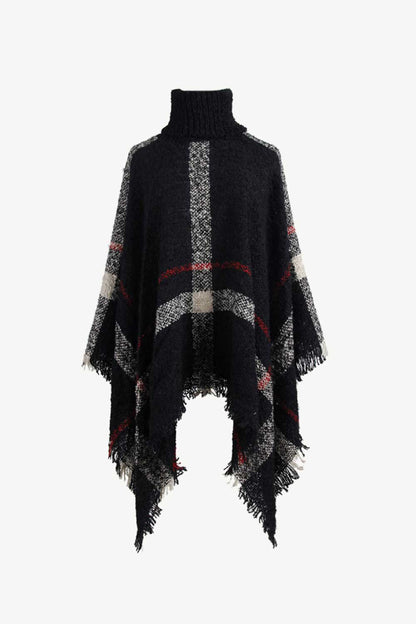 Plaid Turtleneck Raw Hem Poncho Black One Size Easy Apparels