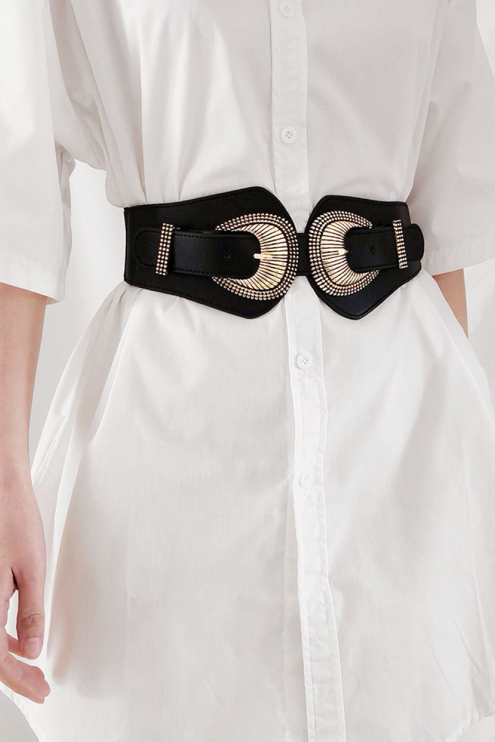 Shell Double Buckle Elastic Wide Belt Black One Size Easy Apparels