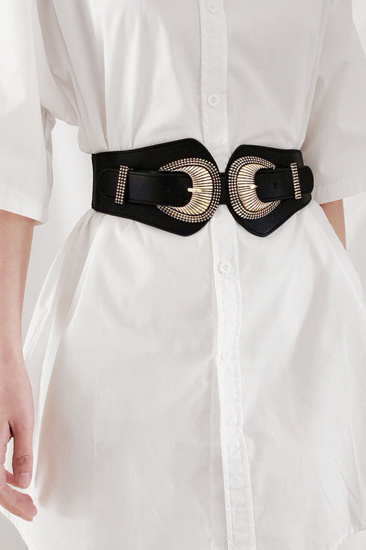 Shell Double Buckle Elastic Wide Belt Black One Size Easy Apparels