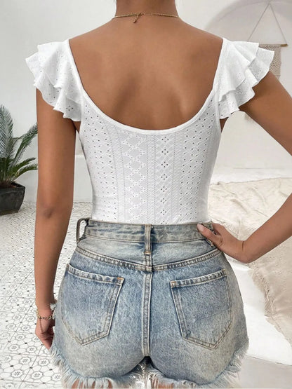 Trendsi Eyelet Lace Ruffled Corset Bodysuit