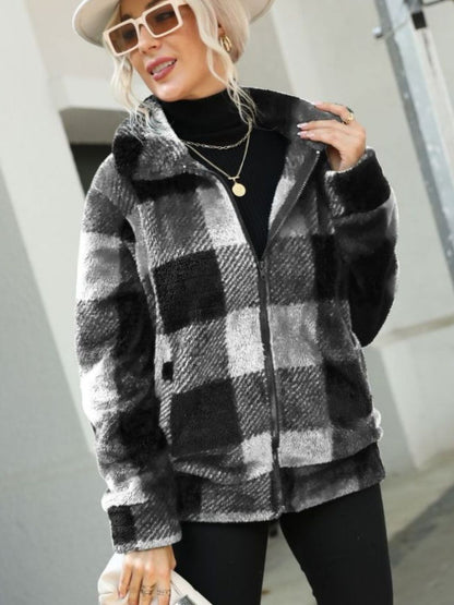 Plaid Zip-Up Collared Jacket White Easy Apparels