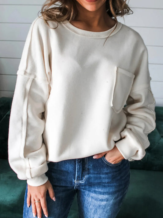 Trendsi Exposed Seam Chest Pocket Knit Pullover Sweatshirt White
