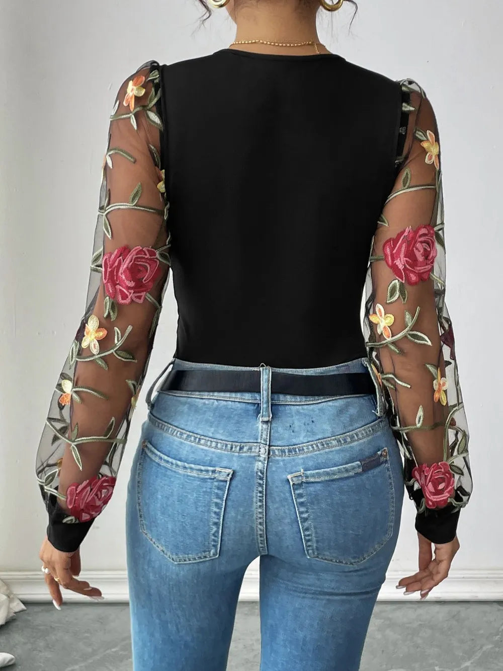 Trendsi Perfee Embroidered V-Neck Long Sleeve Bodysuit