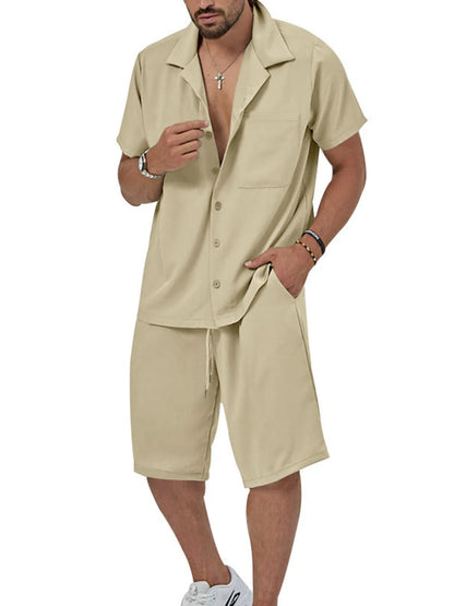 Men's Plus Size Button Up Short Sleeve Shirt and Shorts Set Khaki Easy Apparels