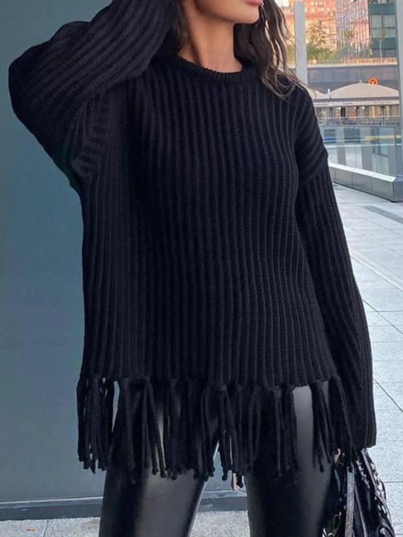 Trendsi Fringe Round Neck Long Sleeve Sweater