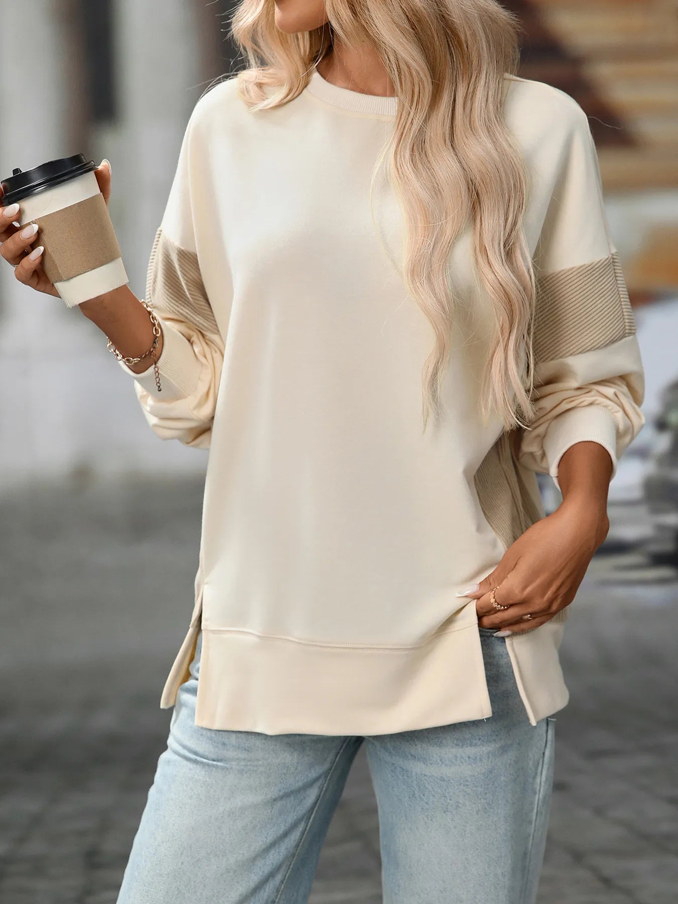 Trendsi Slit Round Neck Long Sleeve Sweatshirt