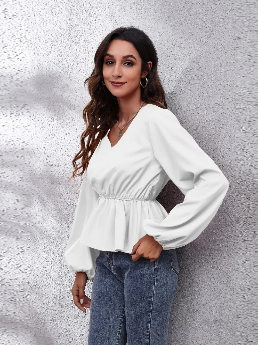 Trendsi V-Neck Balloon Sleeve Peplum Blouse