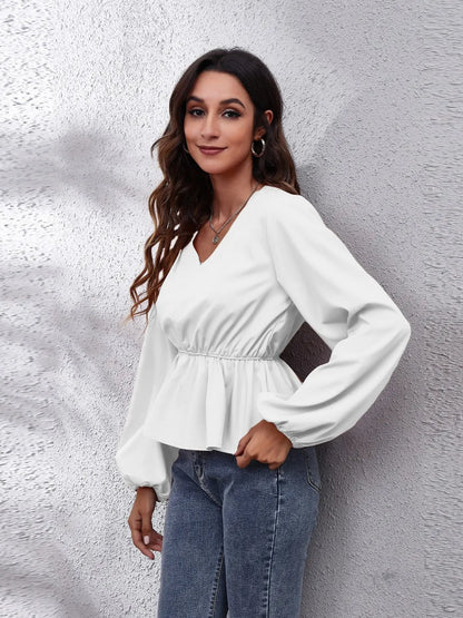 Trendsi V-Neck Balloon Sleeve Peplum Blouse
