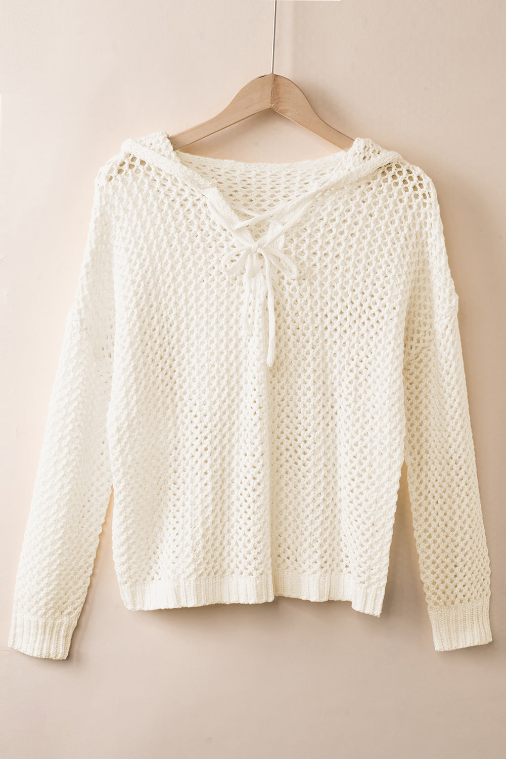 Openwork Lace-Up Hooded Sweater Cream Easy Apparels