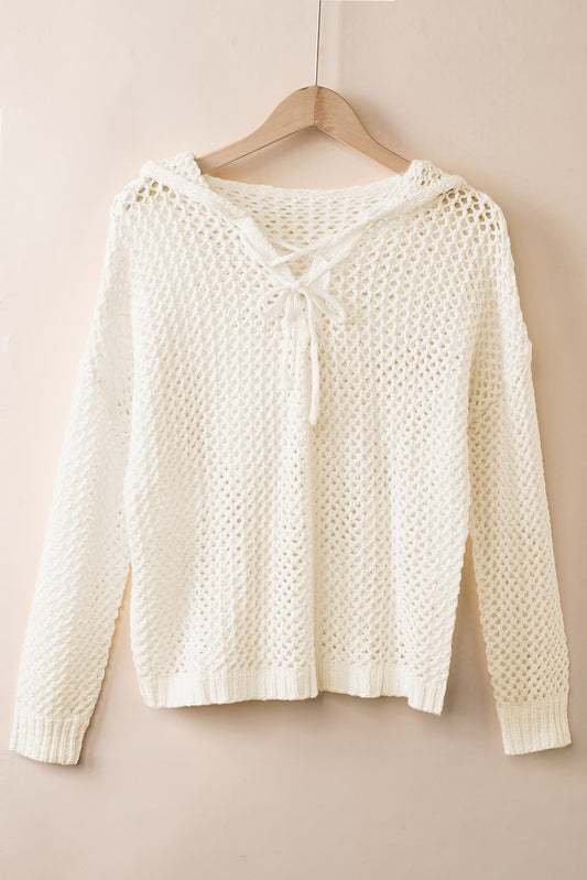 Openwork Lace-Up Hooded Sweater Cream Easy Apparels
