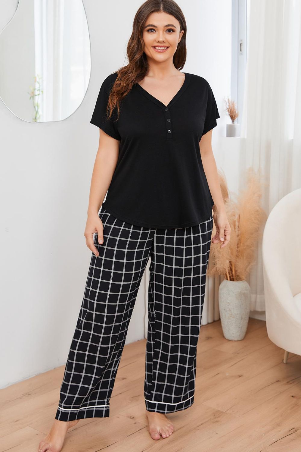 Plus Size V-Neck Top and Plaid Pants Lounge Set Easy Apparels