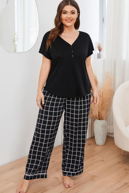 Plus Size V-Neck Top and Plaid Pants Lounge Set Easy Apparels