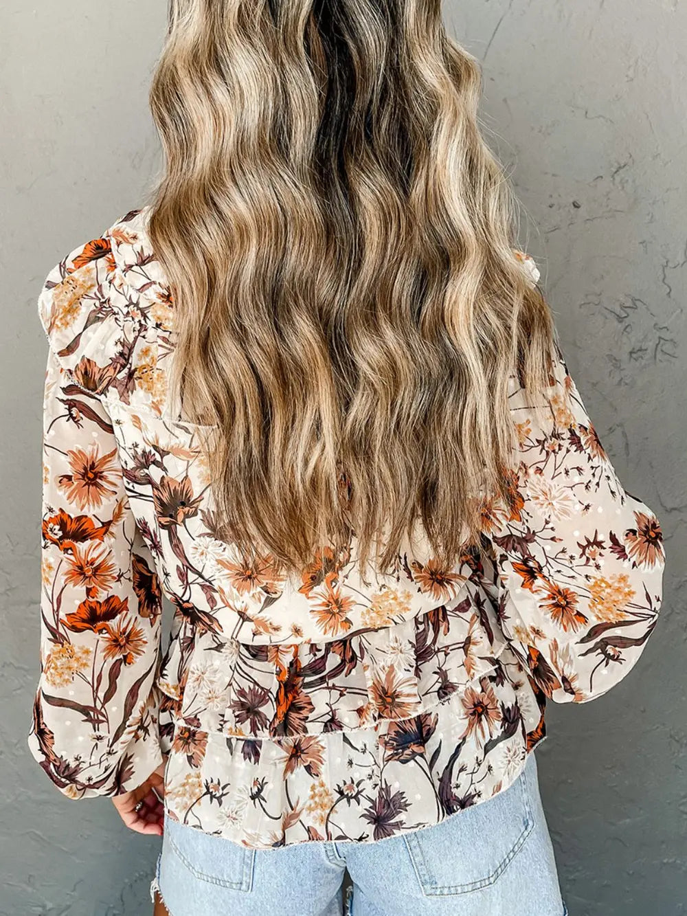 Trendsi Drawstring Floral Lantern Sleeve Blouse