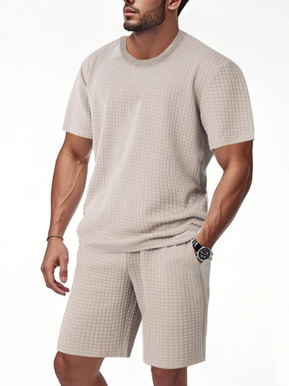 Men's Full Size Textured Round Neck Top and Shorts Set Plus SIze Khaki Easy Apparels