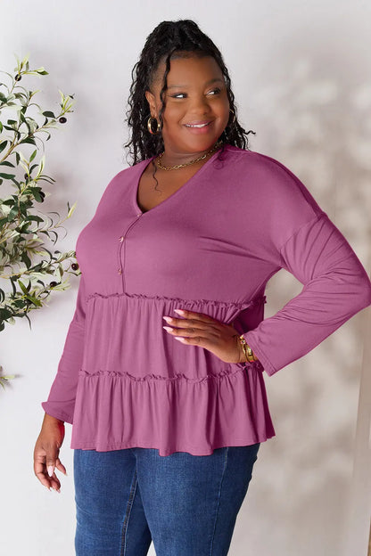Trendsi Double Take Half Button Long Sleeve Ruffle Hem Blouse