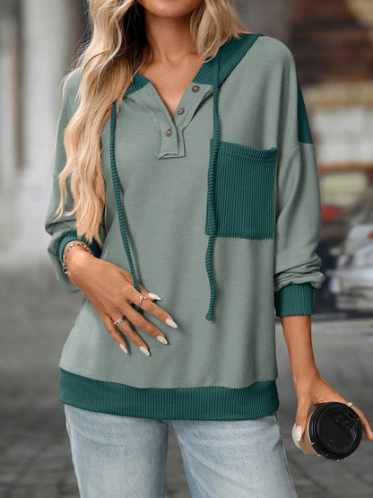 Trendsi Drawstring Button Detail Long Sleeve Hoodie Green