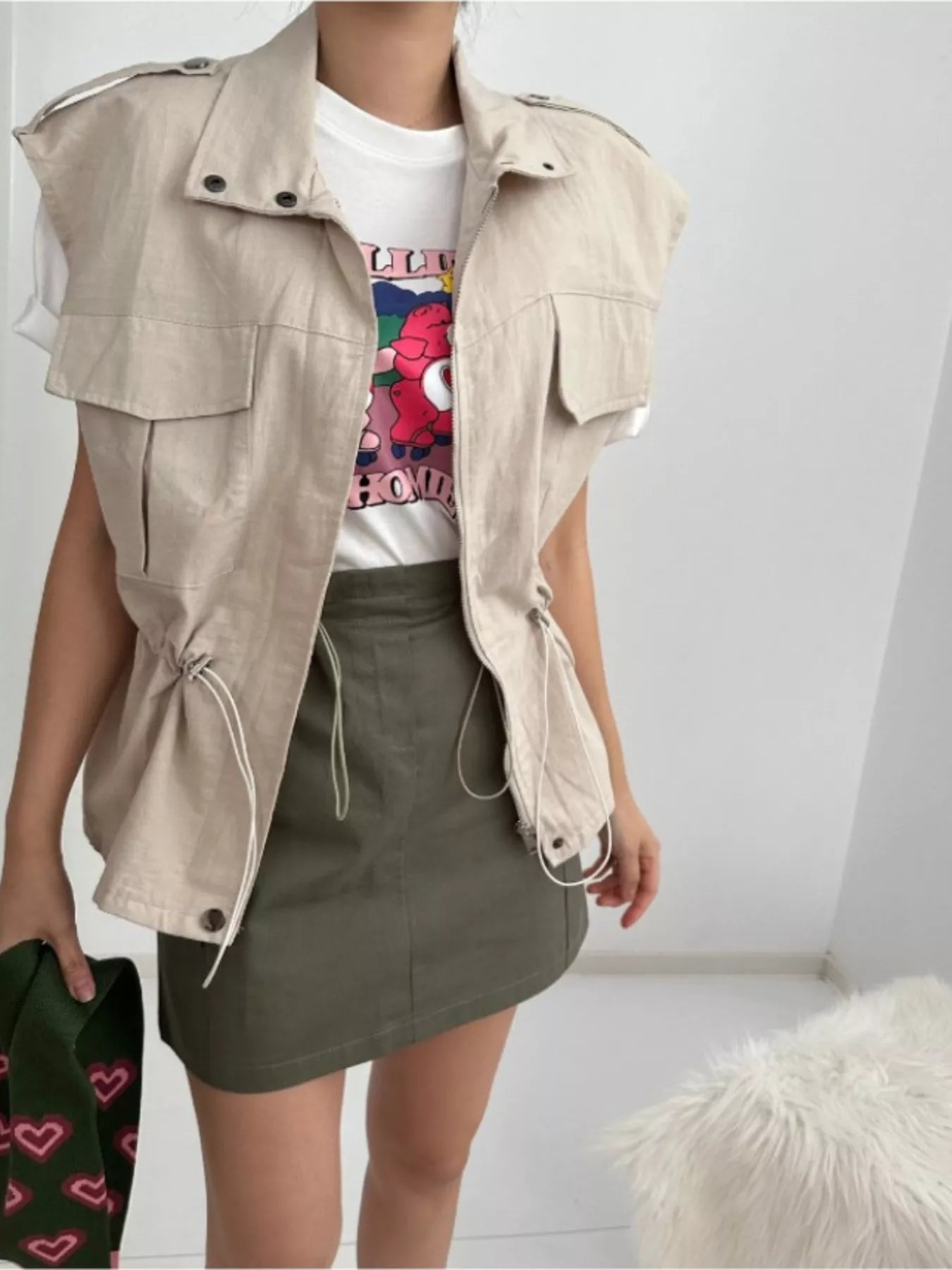 Drawstring Zip Up Vest Coat Easy Apparels