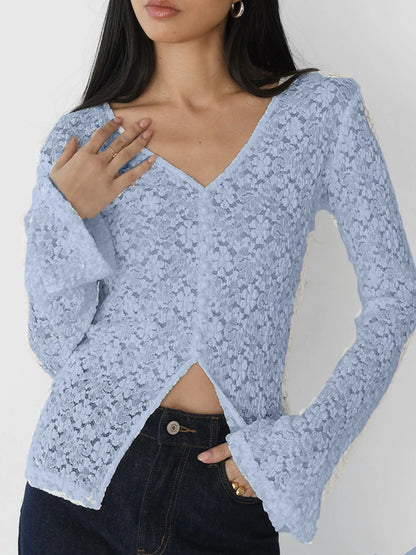 Trendsi Lace V-Neck Flare Sleeve T-Shirt Light Blue