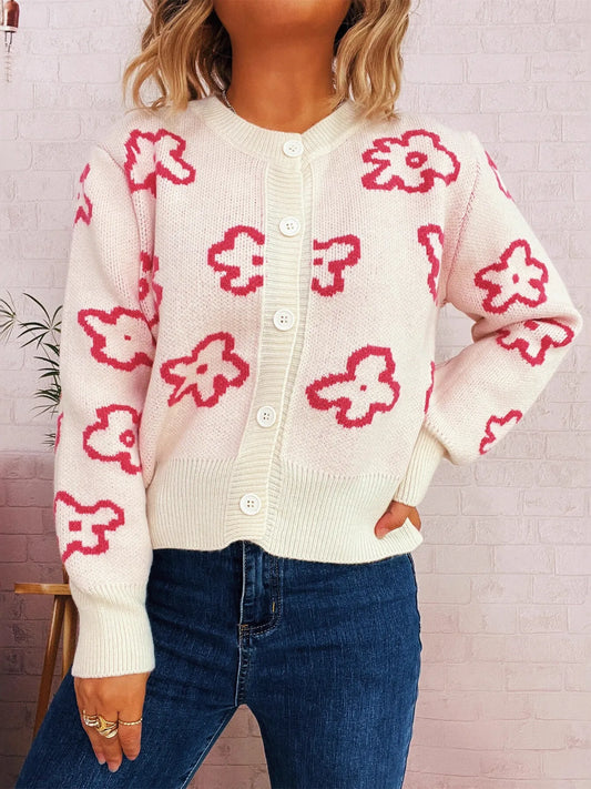 Floral Pattern Button-Up Cardigan White One Size Easy Apparels