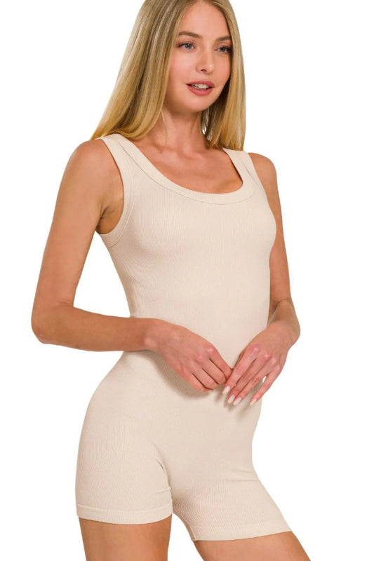 Trendsi Zenana Ribbed Seamless Bodysuit SAND BEIGE