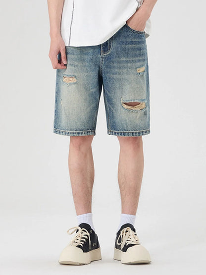 Men's Distressed Wide Leg Denim Shorts Light Blue Easy Apparels