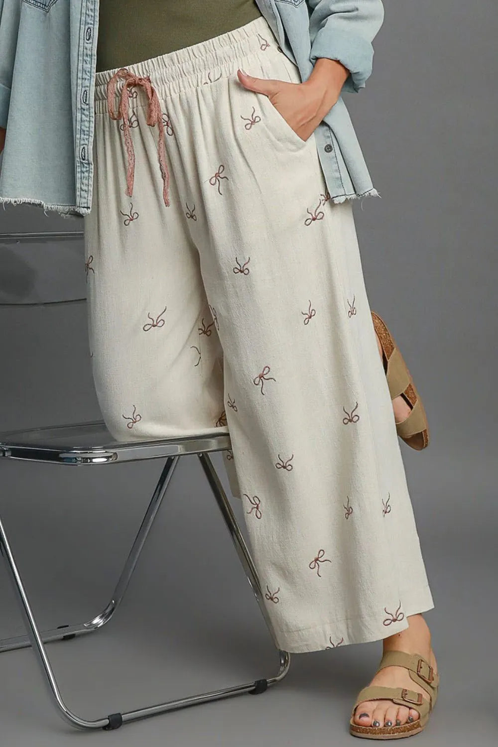 Umgee Full Size Lace Drawstring Embroidered Bow Wide Leg Pants Plus Size Easy Apparels