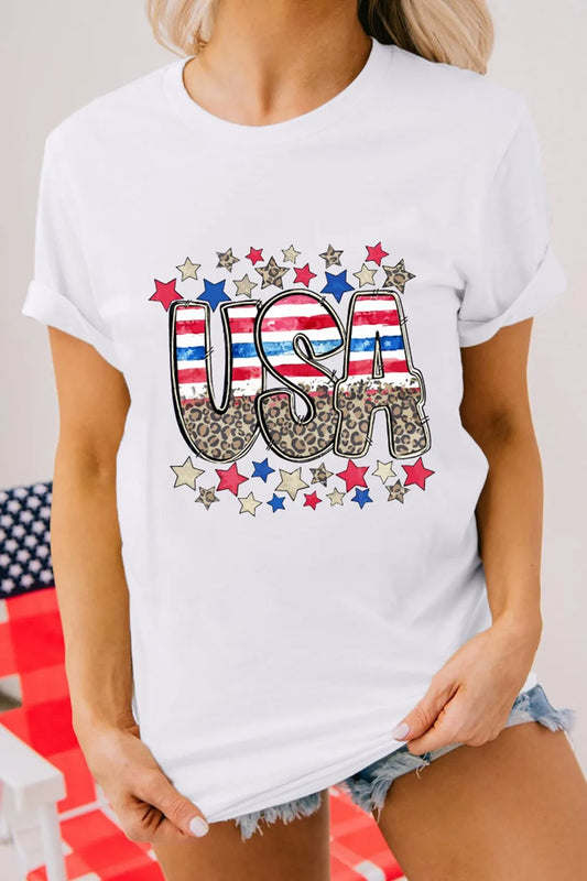 Trendsi Patriotic Star Leopard USA Letter Graphic T Shirt White