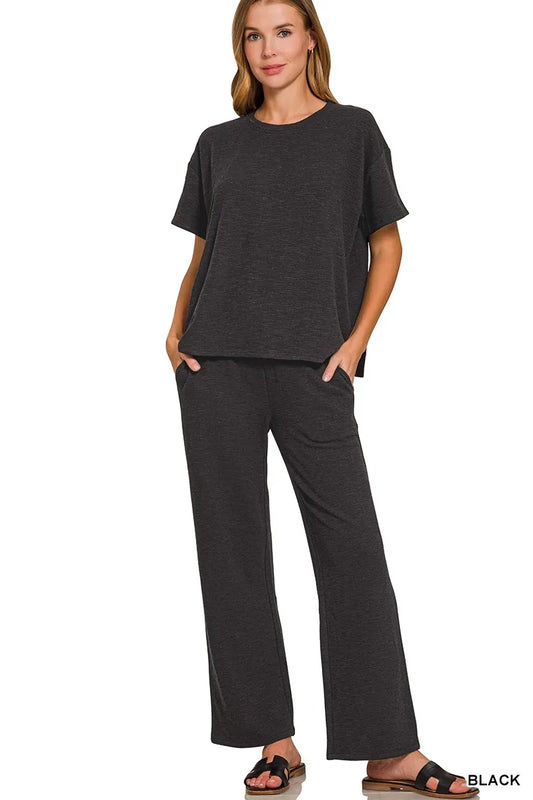 Zenana Slub Short Sleeve T-Shirt and Pants Set BLACK Easy Apparels