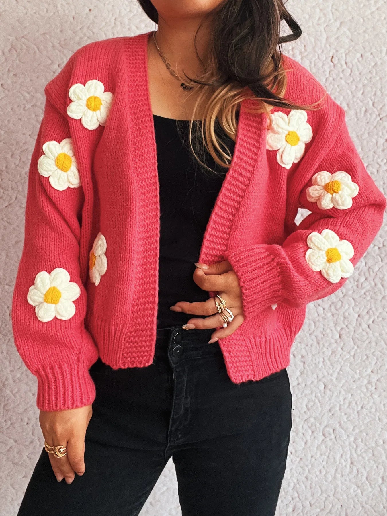 Flower Open Front Long Sleeve Cardigan Easy Apparels