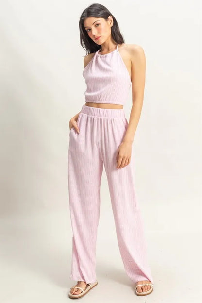 HYFVE Striped Halter Neck Top and Pants Set PINK WHITE Easy Apparels