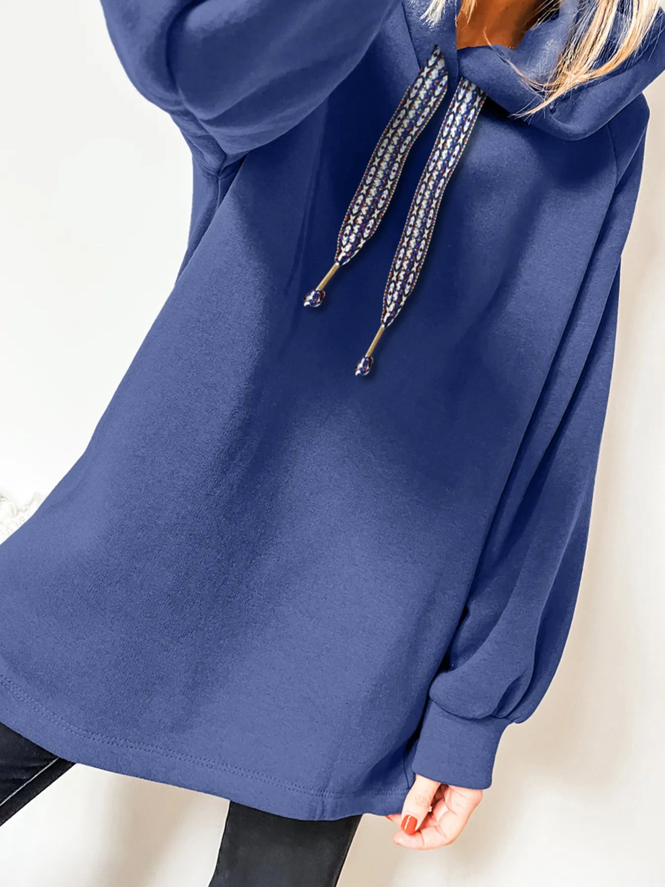 Trendsi Fleece Lined Adjustable Drawstring Oversize Tunic Hoodie Navy