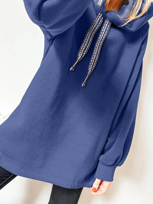 Trendsi Fleece Lined Adjustable Drawstring Oversize Tunic Hoodie Navy