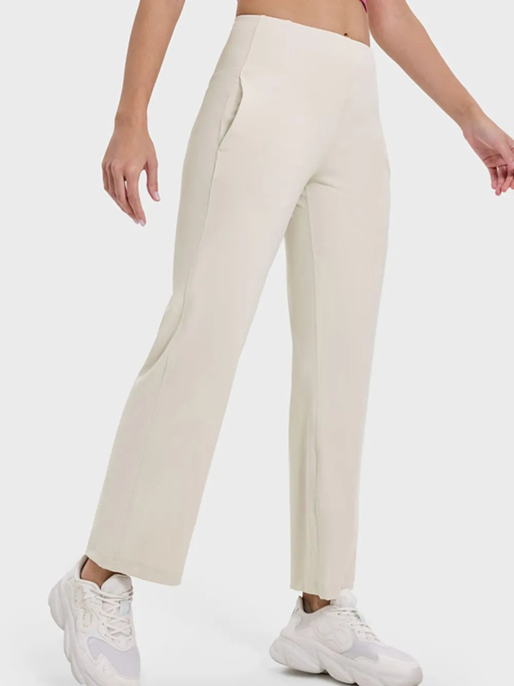 Millennia Pocketed High Waist Active Pants Beige Easy Apparels