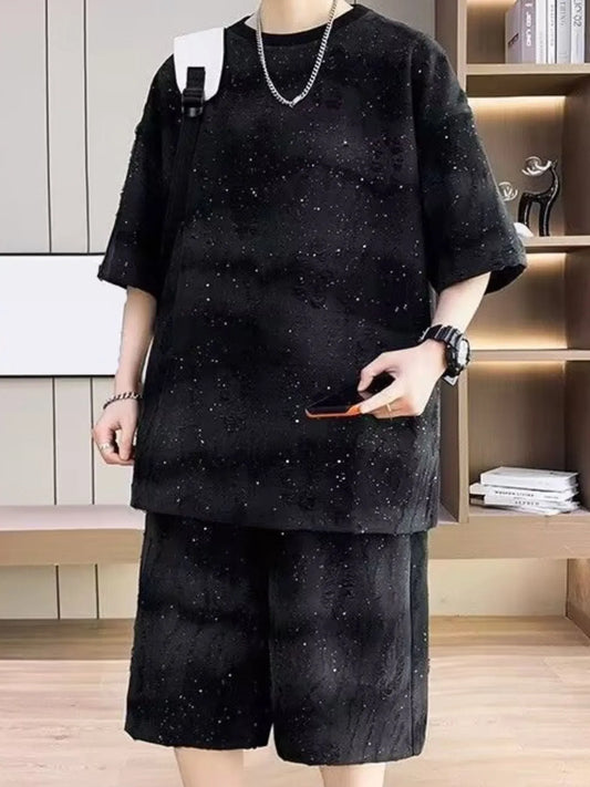 Men's Full Size Round Neck Half Sleeve Top and Shorts Set Plus Size Black Easy Apparels