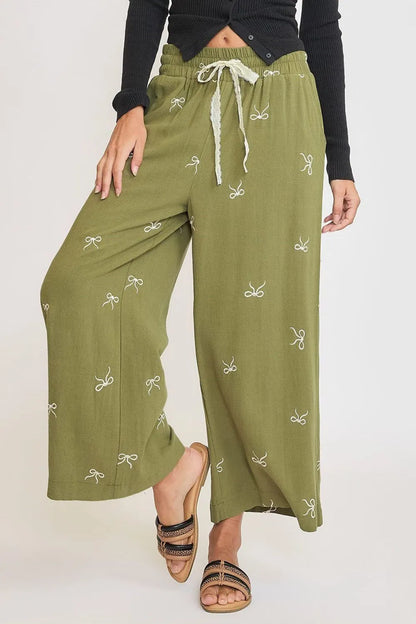 Umgee Full Size Lace Drawstring Embroidered Bow Wide Leg Pants Plus Size Easy Apparels
