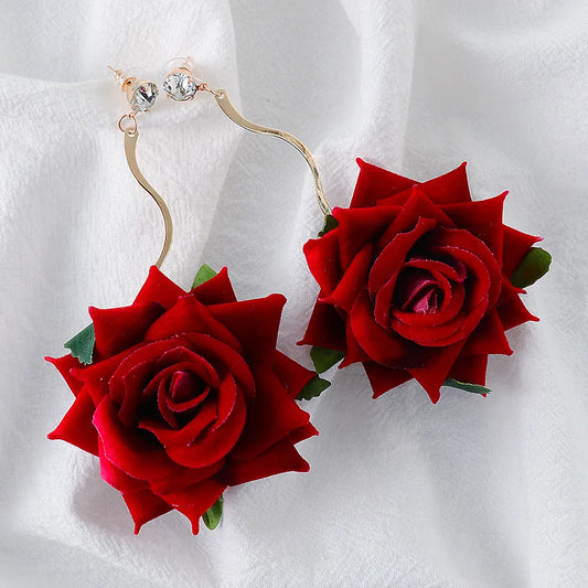 Alloy Rose Dangle Earrings Deep Red One Size Easy Apparels