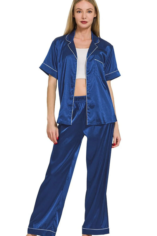 Zenana Satin Short Sleeve Top and Pants Pajama Set LT NAVY Easy Apparels