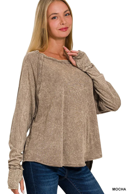 Trendsi Zenana Crinkle Washed Thumb Hole Cuffs Long Sleeve Top MOCHA