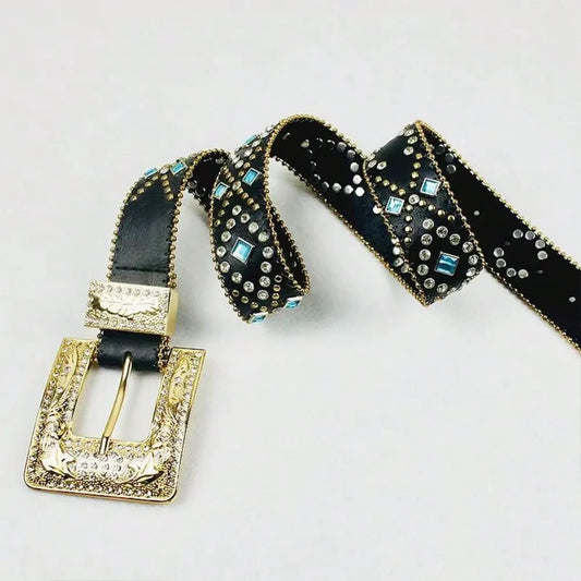 Rhinestone PU Leather Belt Black Easy Apparels