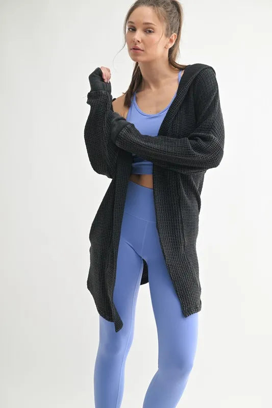 MONO B Chunky Waffle Mineral Wash Hooded Open Cardigan Black Easy Apparels