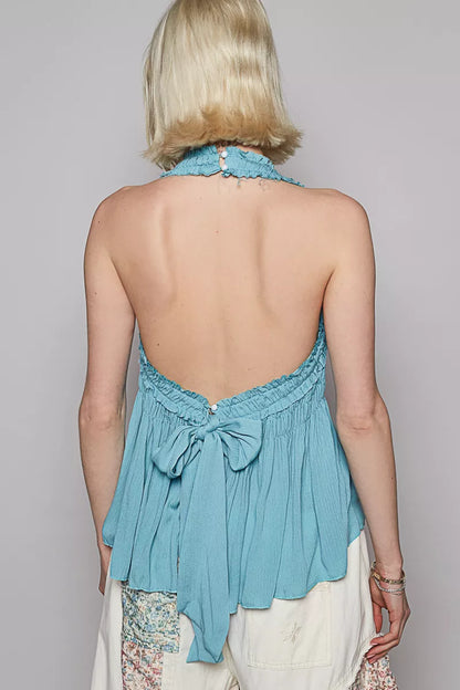 POL Backless Halter Sleeveless Top with Smocking Shirring Detail Easy Apparels