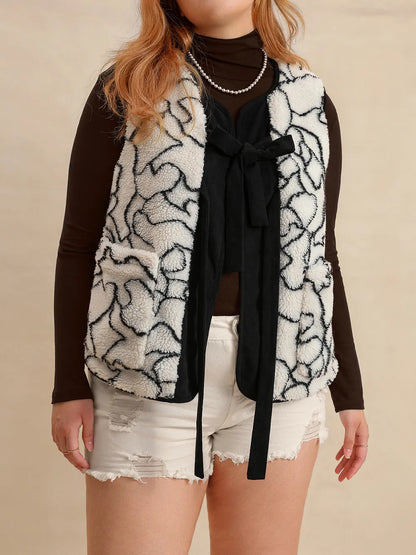 Plus Size Tied Sherpa Vest Coat with Pockets Easy Apparels
