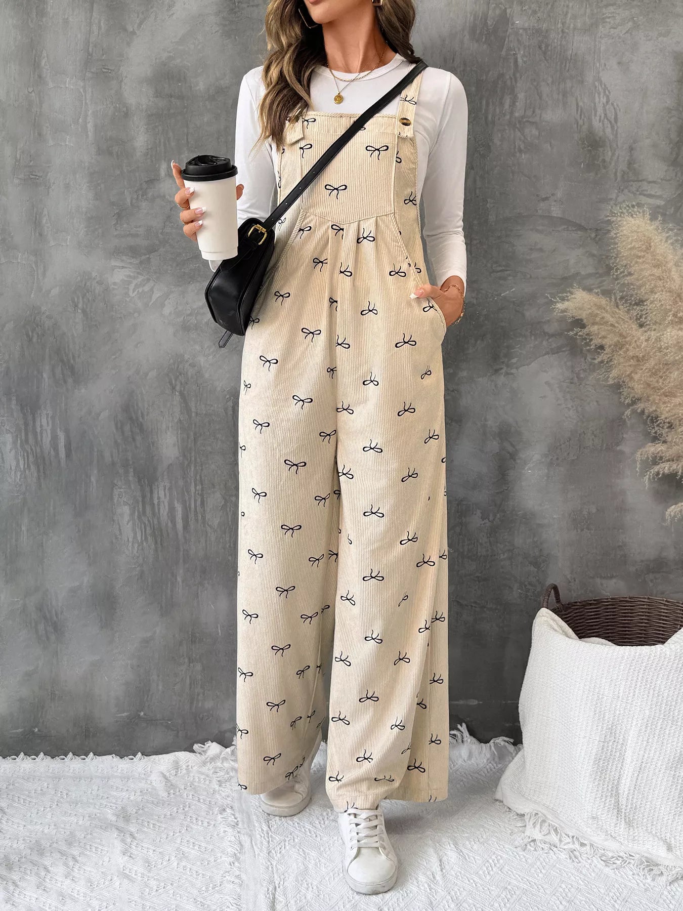 Bow Wide Leg Corduroy Overalls Easy Apparels