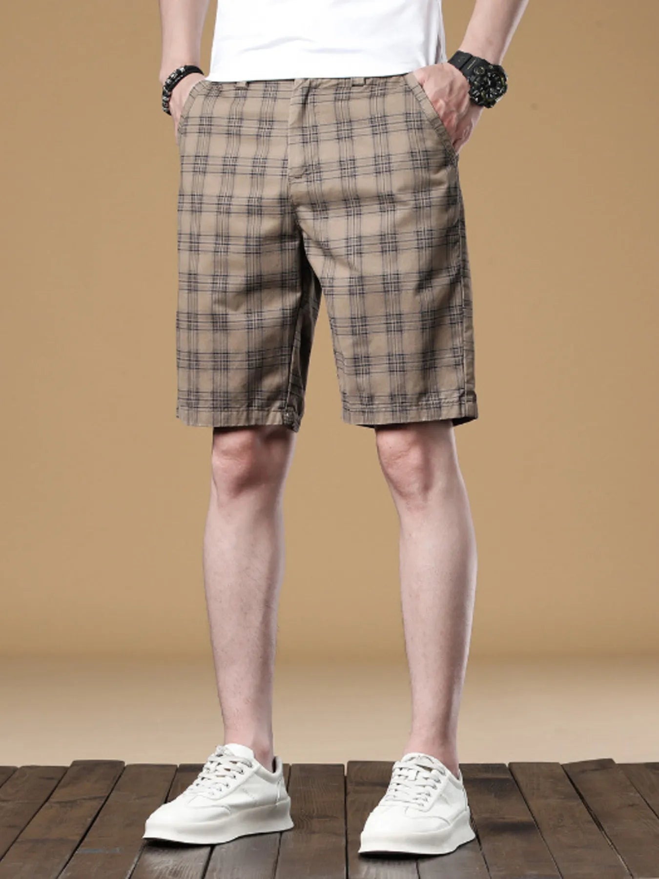 Men's Plaid Casual Shorts Khaki Easy Apparels