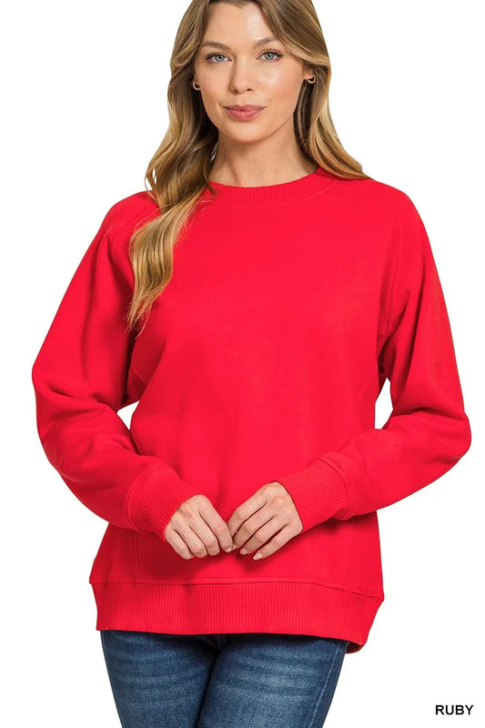 Trendsi Zenana Fleece Round Neck Ribbed Side Raglan Sweatshirt RUBY
