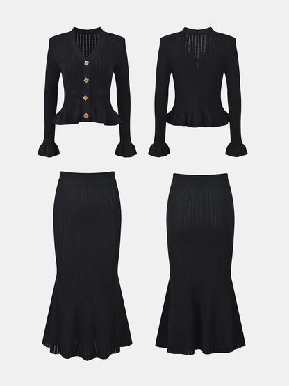 Ruffled V-Neck Top and Midi Skirt Sweater Set Easy Apparels