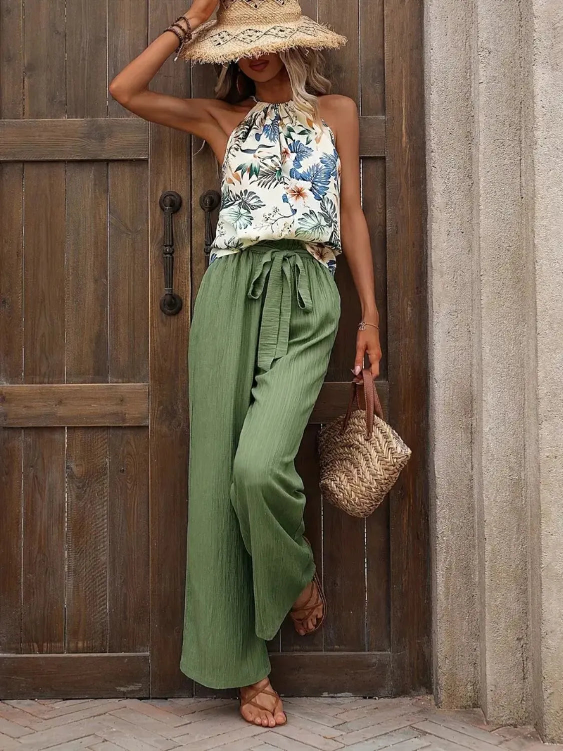 Printed Tank Top and Wide Leg Pants Set Easy Apparels