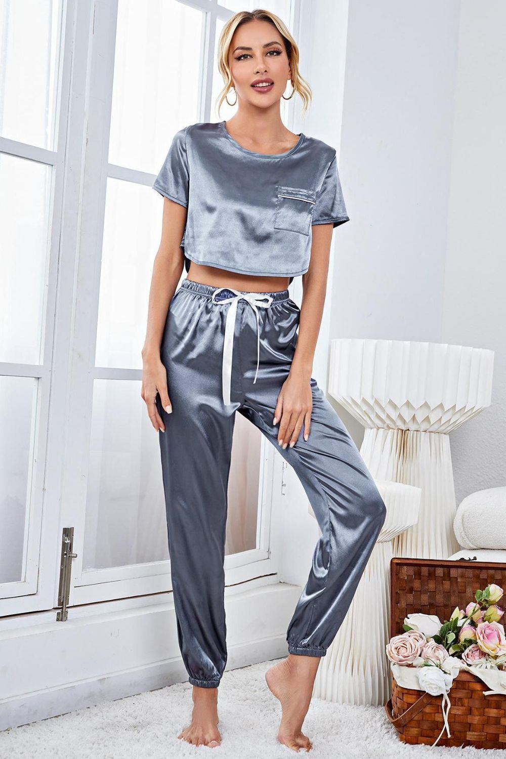 Satin Short Sleeve Crop Top and Joggers Lounge Set Steel Easy Apparels